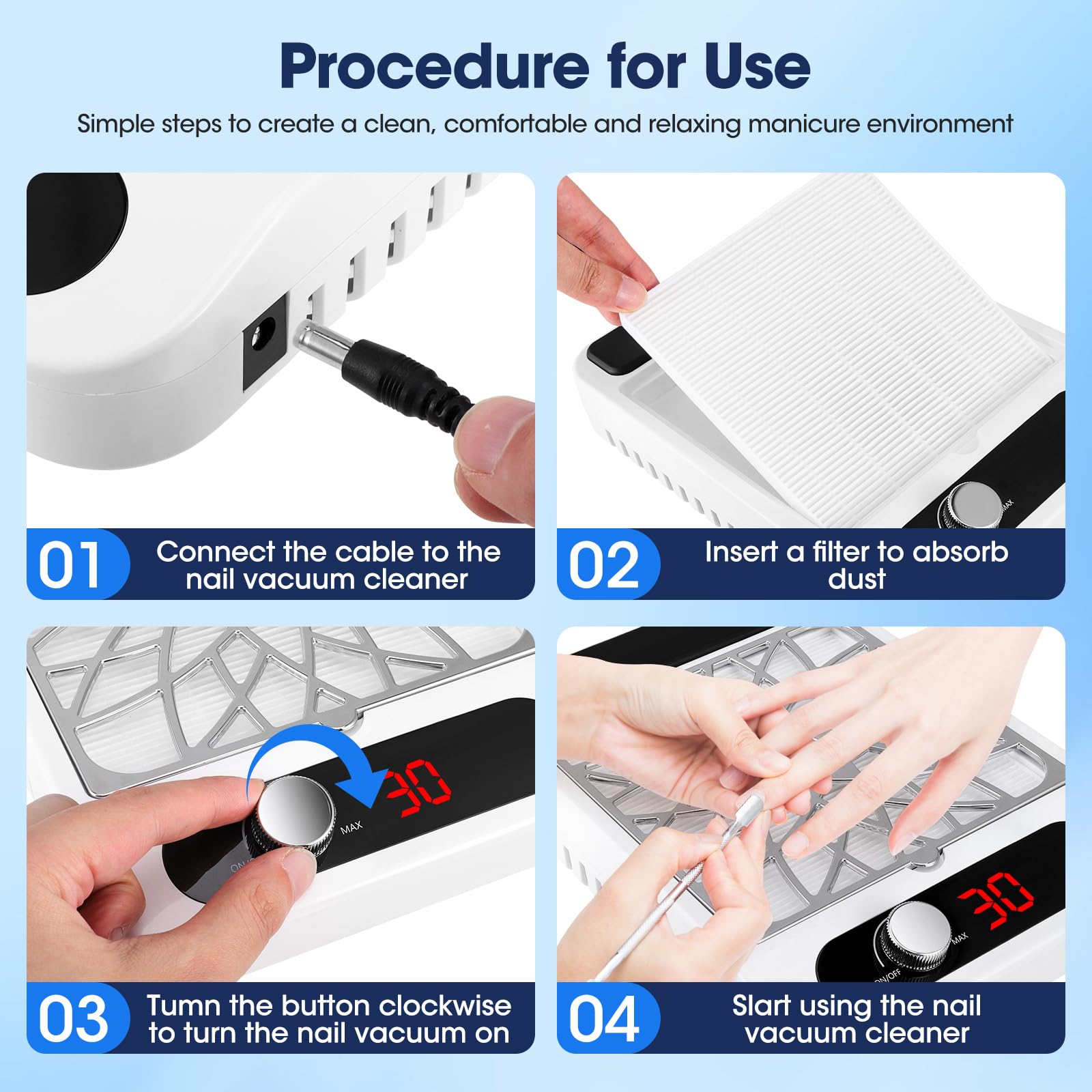Aspiratore Unghie Professionale 80W, Aspiratore per Unghie con Filtro e Cuscinetto, Collezionista di Polvere per Unghie per Manicure in Soggiorno o Casa Bianco