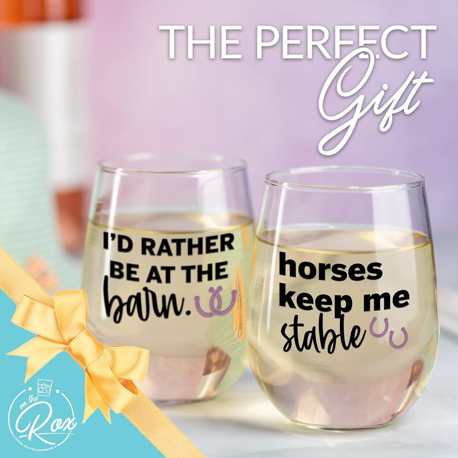 Horse Lovers' Gift: 'Stable' & 'Barn' 17Oz 2PC Stemless Wine Glass Set, Colored by On The Rox Drinks