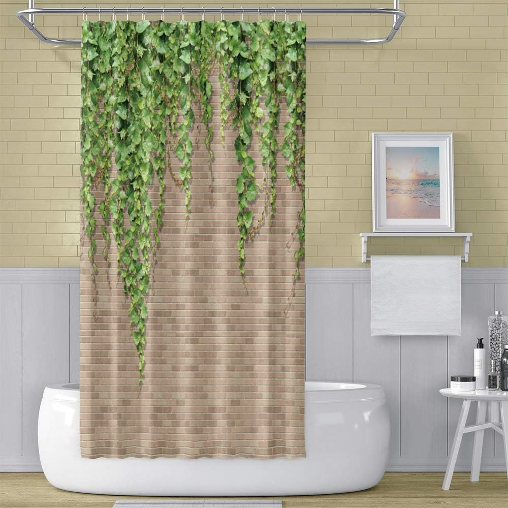OERJU 69x75inch Green Leaf Shower Curtain Light Brown Brick Walls Lush Botanical Plant Spring Farmhouse Theme Waterproof Fabric Curtain for Bathroom Bedroom Dressing Room Luxury Hotel with Hooks