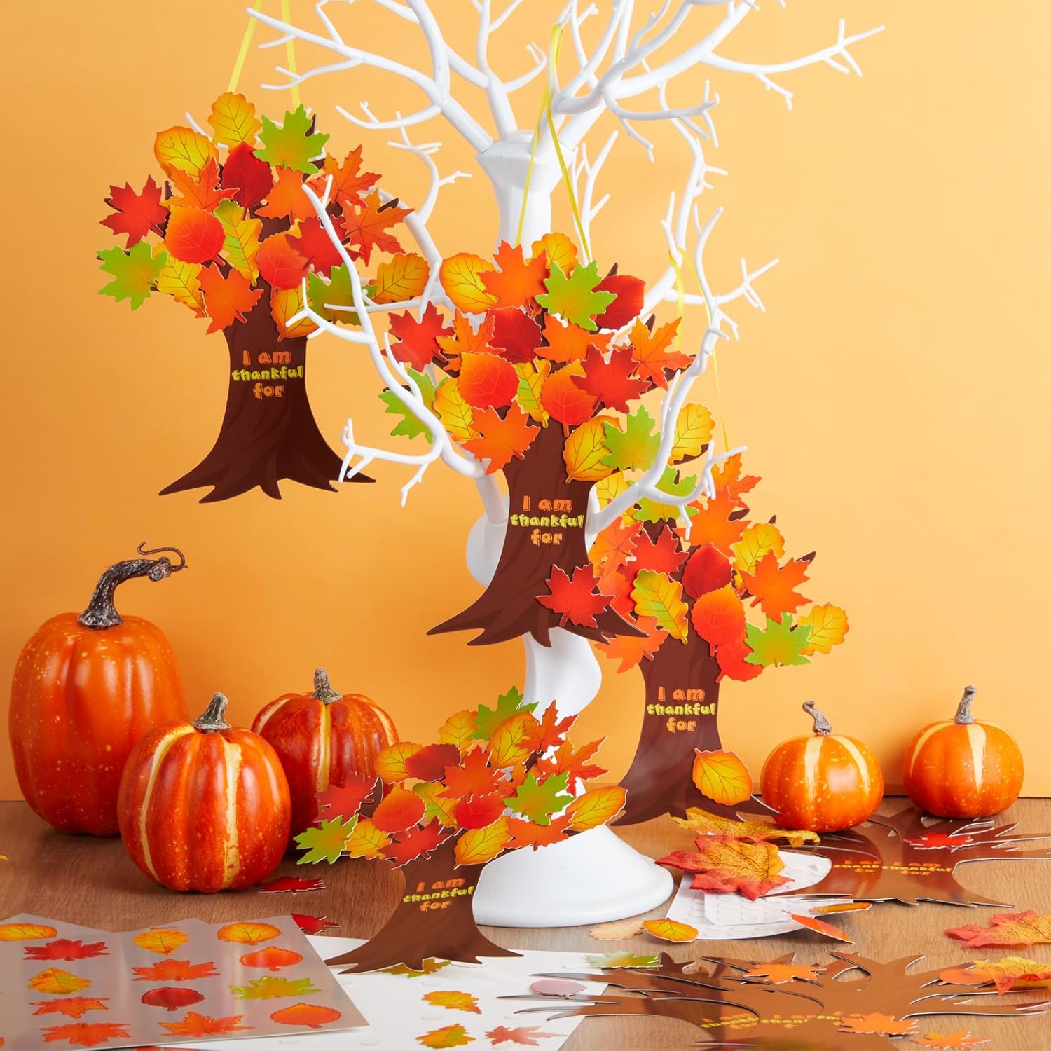 Gueevin 60 Sets Thanksgiving Crafts for Kids Thankful Tree with Leaves DIY Thanksgiving Gratitude Themed Tree Hanging Ornament Thankful Crafts for Adults Autumn Fall Activities Party Decorations