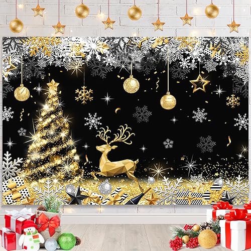 Telón de fondo de Navidad de invierno de 7 x 5 pies para fotografía, campana dorada, copos de nieve, árbol de Navidad, renos, fotografía, fondo de