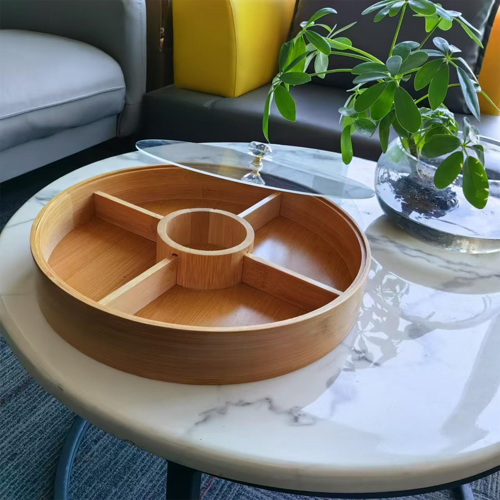 Plateau de service divisé en bois avec couvercle, boîte à goûter à 5 compartiments pour noix, fruits secs, collations sèches, plateau alimentaire et organisateur de rangement