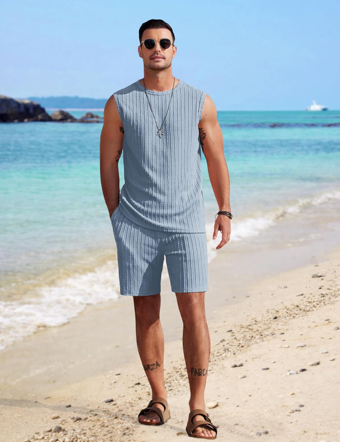 COOFANDY Men's 2 Piece Outfits Beach Knit Jacquard Sleeveless Shirt and Shorts Sets Summer Athletic Vacation Set - Image 4