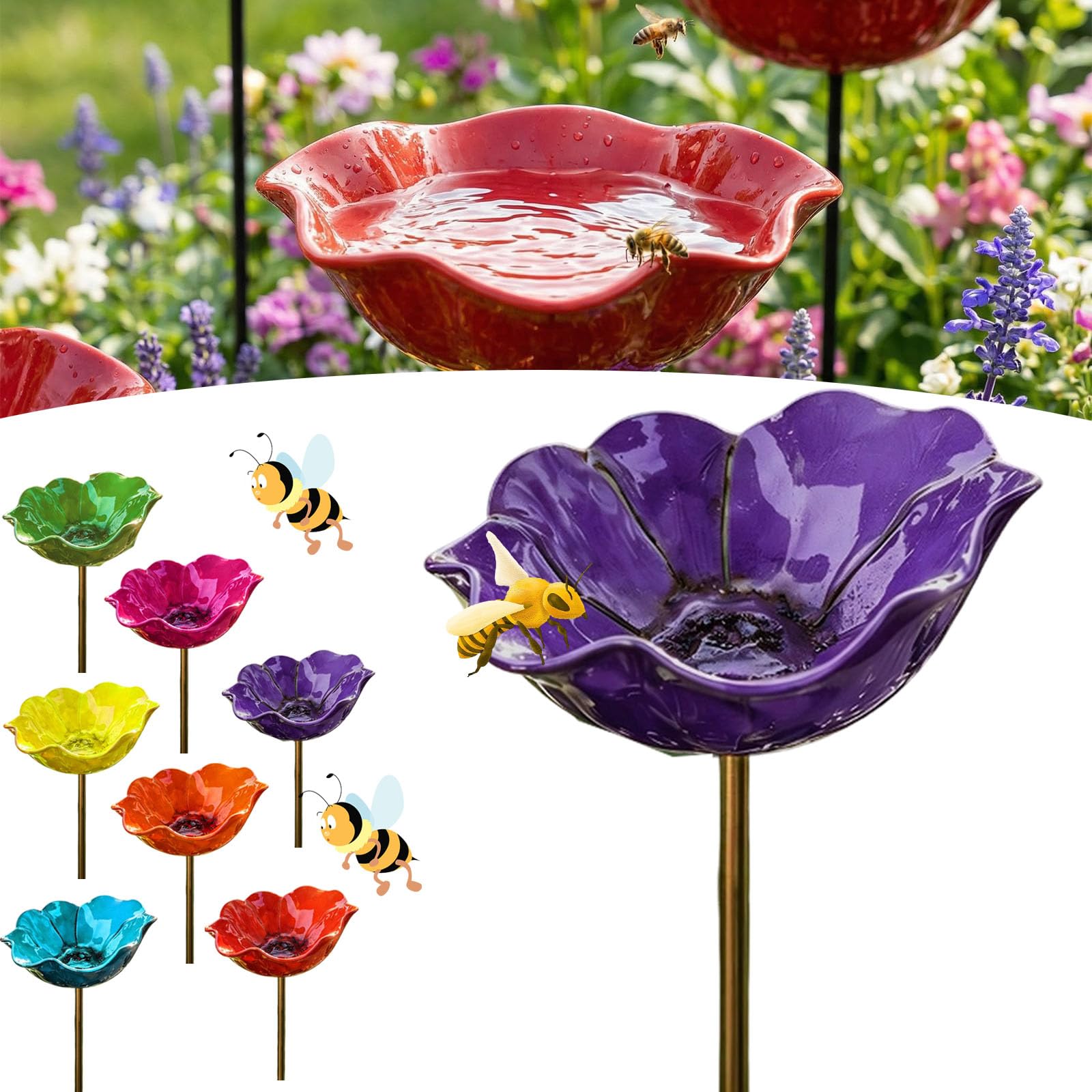 Flower Bee Watering Station, Handmade Metal Ceramic Flowers Bee Bath for Garden, 60cm Metal Bee Water Feeder, Stake Bird Bath for Yard Decor, Decorative Garden Stakes (1PC-B)