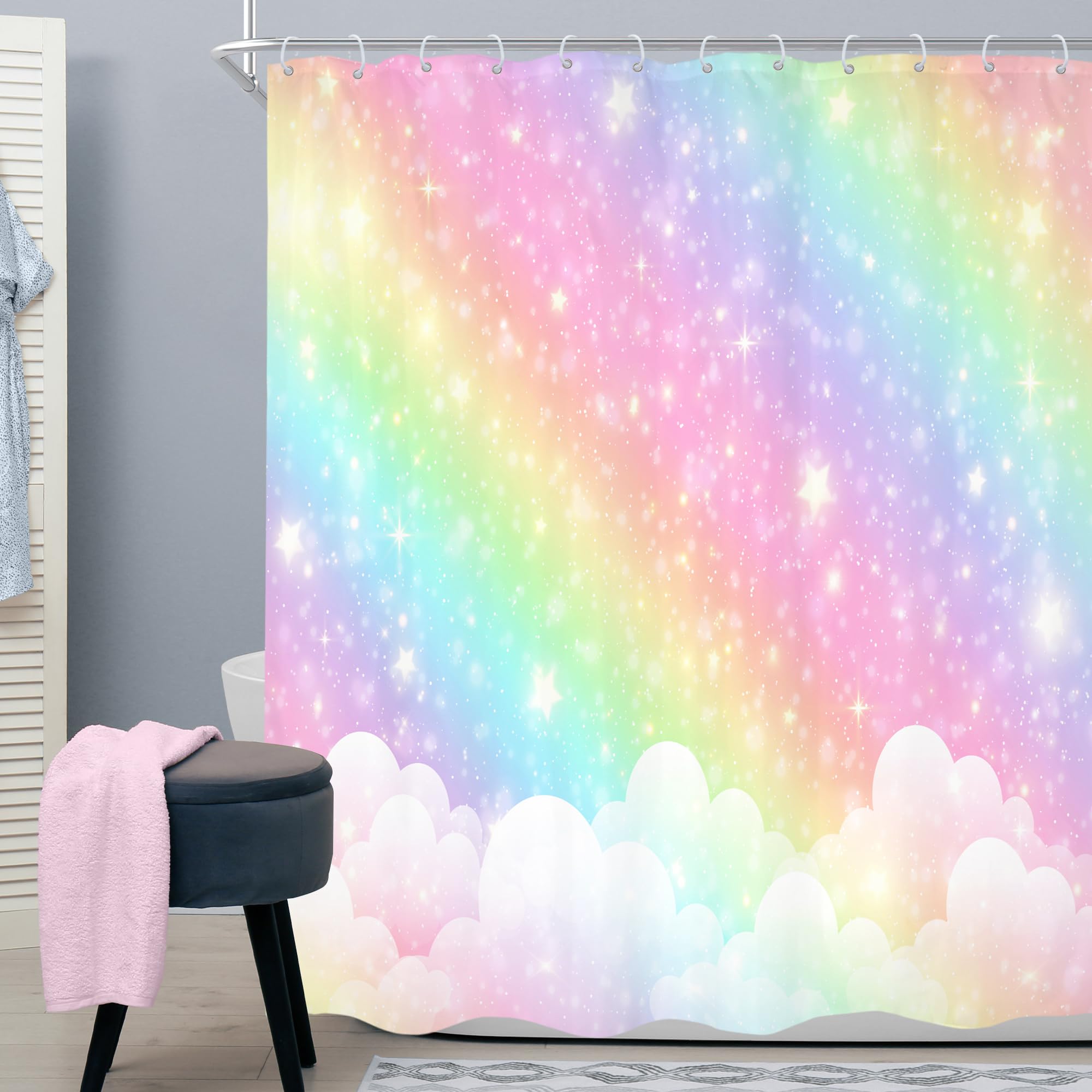 Cortina de ducha infantil arcoíris de 60 pulgadas de ancho x 72 pulgadas de alto, diseño de dibujos animados pastel con nubes y estrellas, juego de cortinas de baño estéticas, de tela,