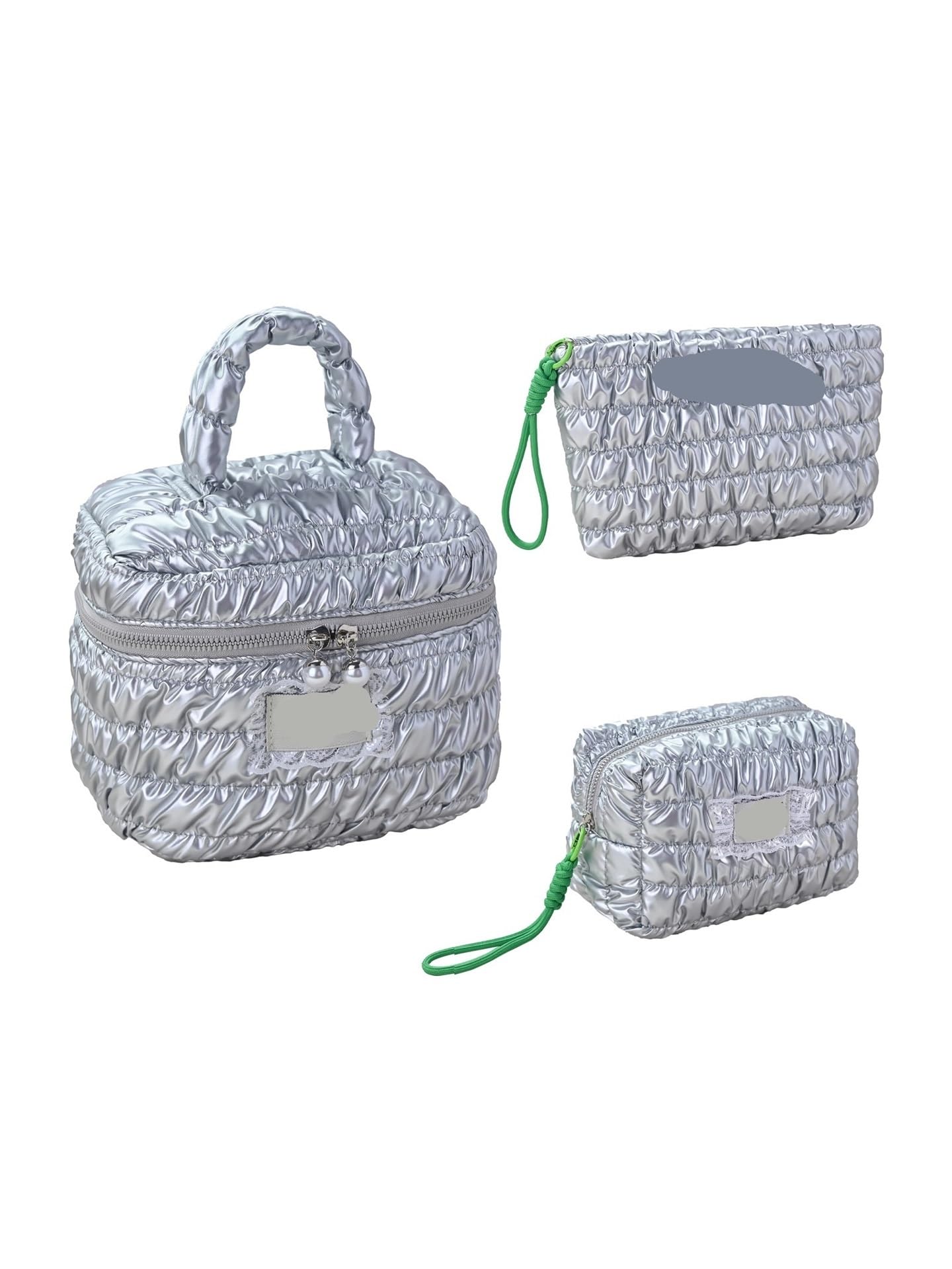 Beauty Case Trapuntato Borsa cosmetica in pelle PU trapuntata argento | Organizer for trucchi da viaggio di grande capacità(17x10cmx11cm)