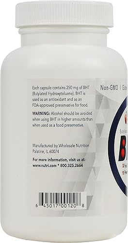 Miniatura 7 de Wholesale Nutrition BHT Cápsulas - 250 mg, 180 cápsulas (suministro para 6 meses), antioxidante y conservante, sin OMG, sin gluten, 100% fabricado