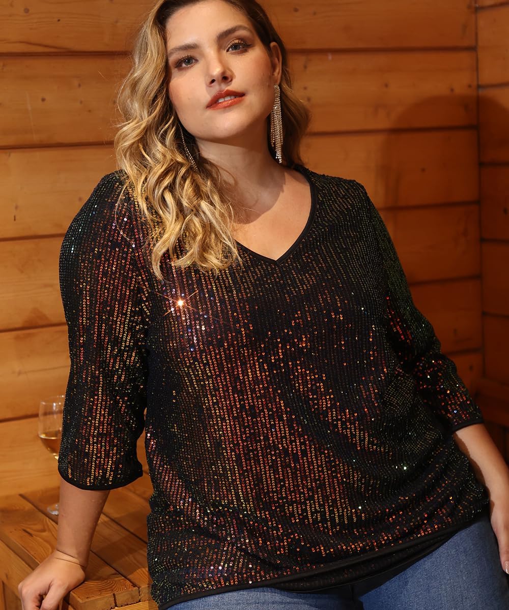 RITERA Plus Size Glitter Tops for Women 3/4 Sleeve Shirts Evening Cocktail V Neck Sequin Blouse Tunic Weddings XL-5XL - Image 3
