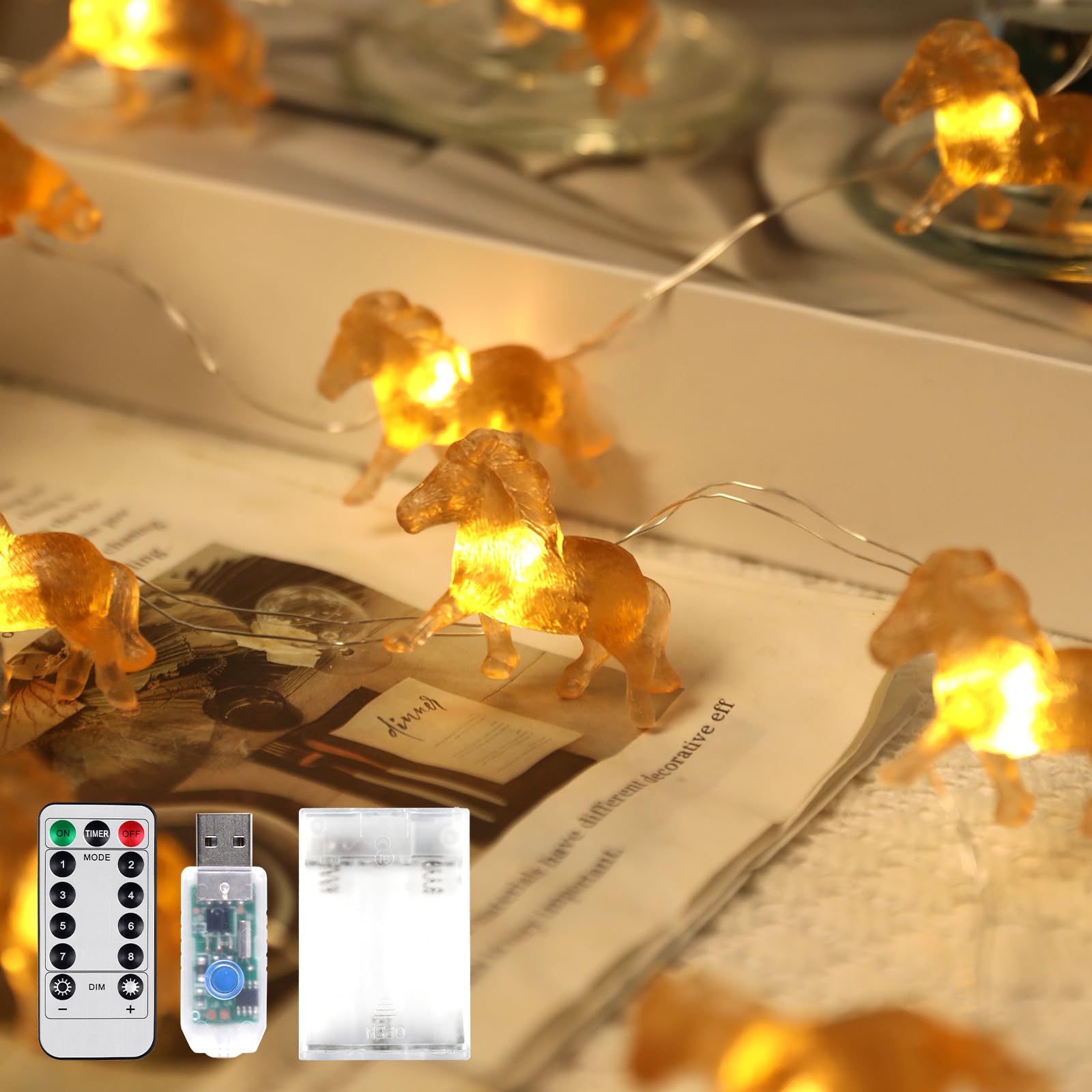 Horse Animal String Lights, Cowboy Pony Themed Decor 3D Light 10ft 24 LEDs with 8 Flash Modes Remote Control for Home Decoration Xmas Wedding Birthday