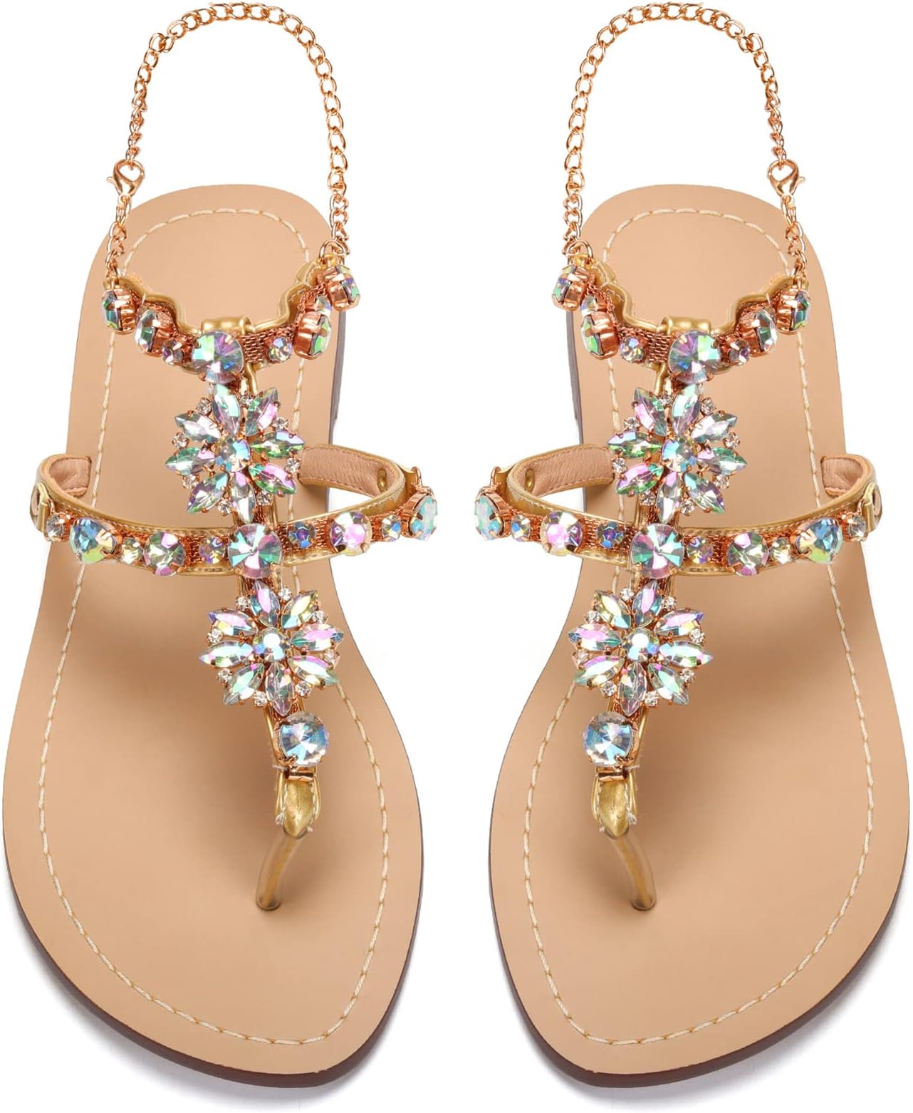 azmodo Women's PU Rhinestones Chains Flat Gladiator Sandals Wedding Shoes
