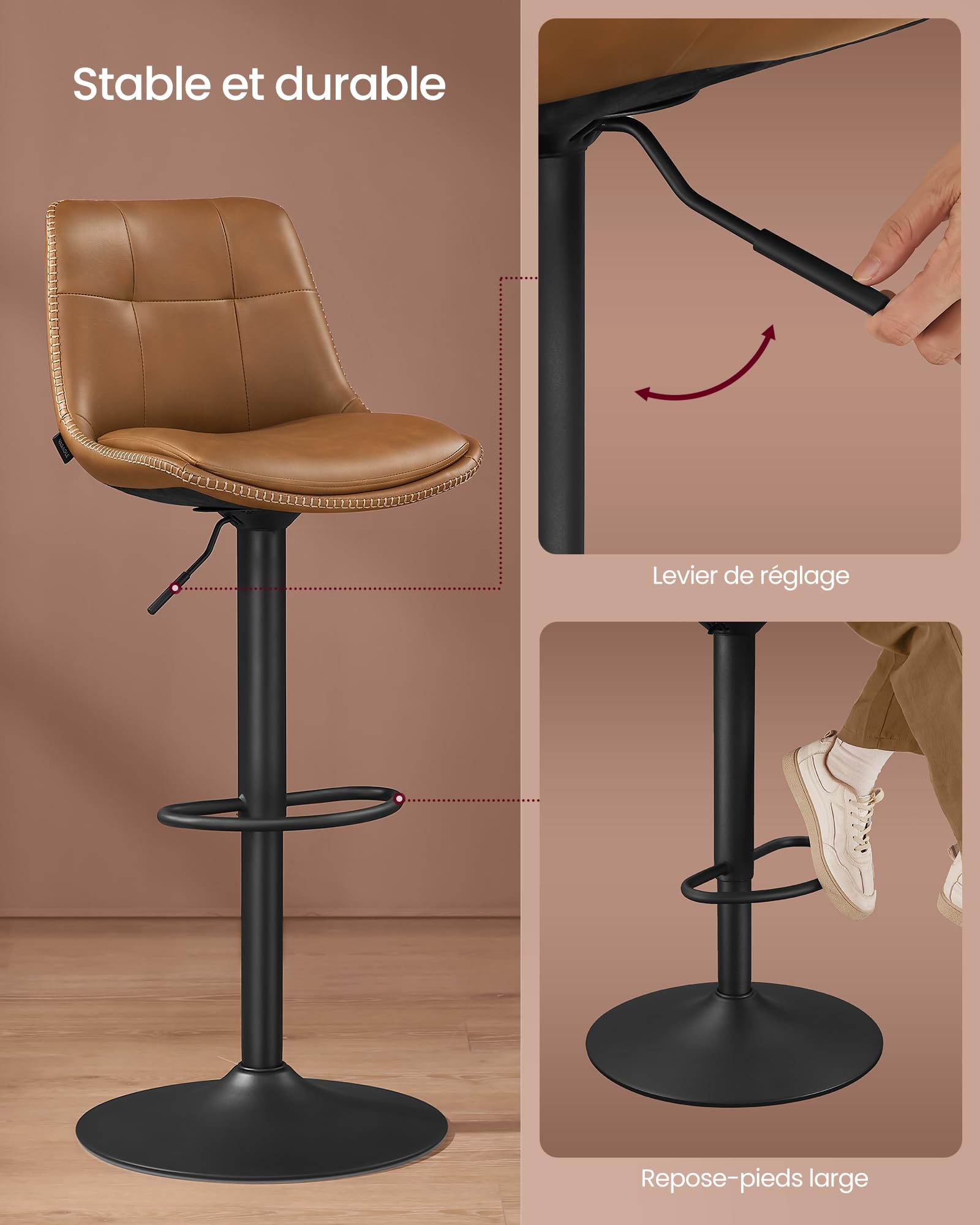 VASAGLE Tabourets de Bar, Lot de 2, Chaise de Cuisine, Siège Pivotant à Hauteur Réglable, Matelassé, en PU, avec Dossier et Repose-Pieds, Salle à Manger, Comptoir, Acier, Marron Caramel LJB095K01