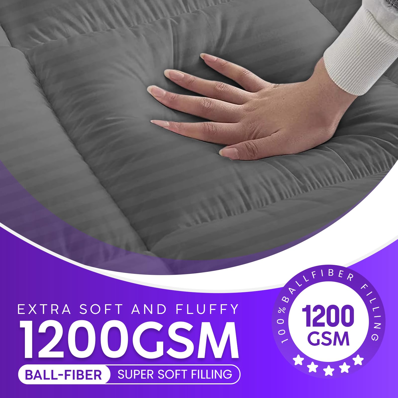 Linens World Mattress Topper Double Bed 10cm Thick, Quilted Super Soft Microfiber Topper, 1200GSM Anti-Allergy Fiber Fill, Washable with Strong Elastic Straps for Extra Comfort (137×190cm) — view 30