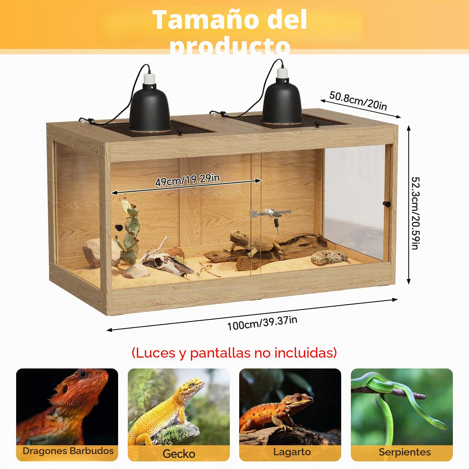 Terrario de Madera, Visibilidad de 360° Terrarium con Techo de Malla, ventilación y Pestillo de Seguridad, Terrario para Reptiles,Serpientes, Anfibios, Casa para Tortugas, 100x50.8x52.3cm