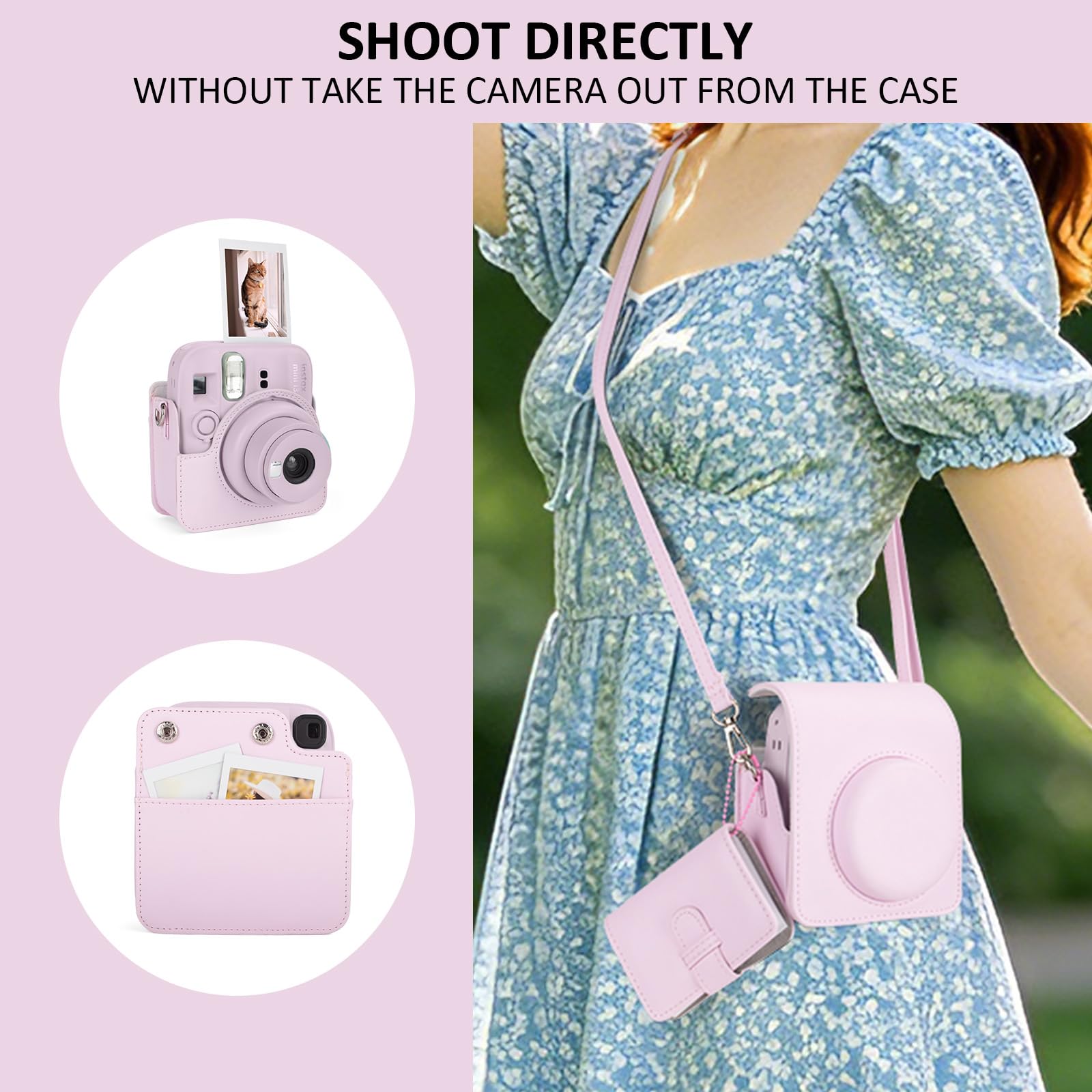 Custodia e album per fotocamera Instax Mini 13, elegante cover protettiva in pelle PU per fotocamera Fuji Instax Mini 13, borsa per il trasporto con album fotografico e tracolla - Rosa