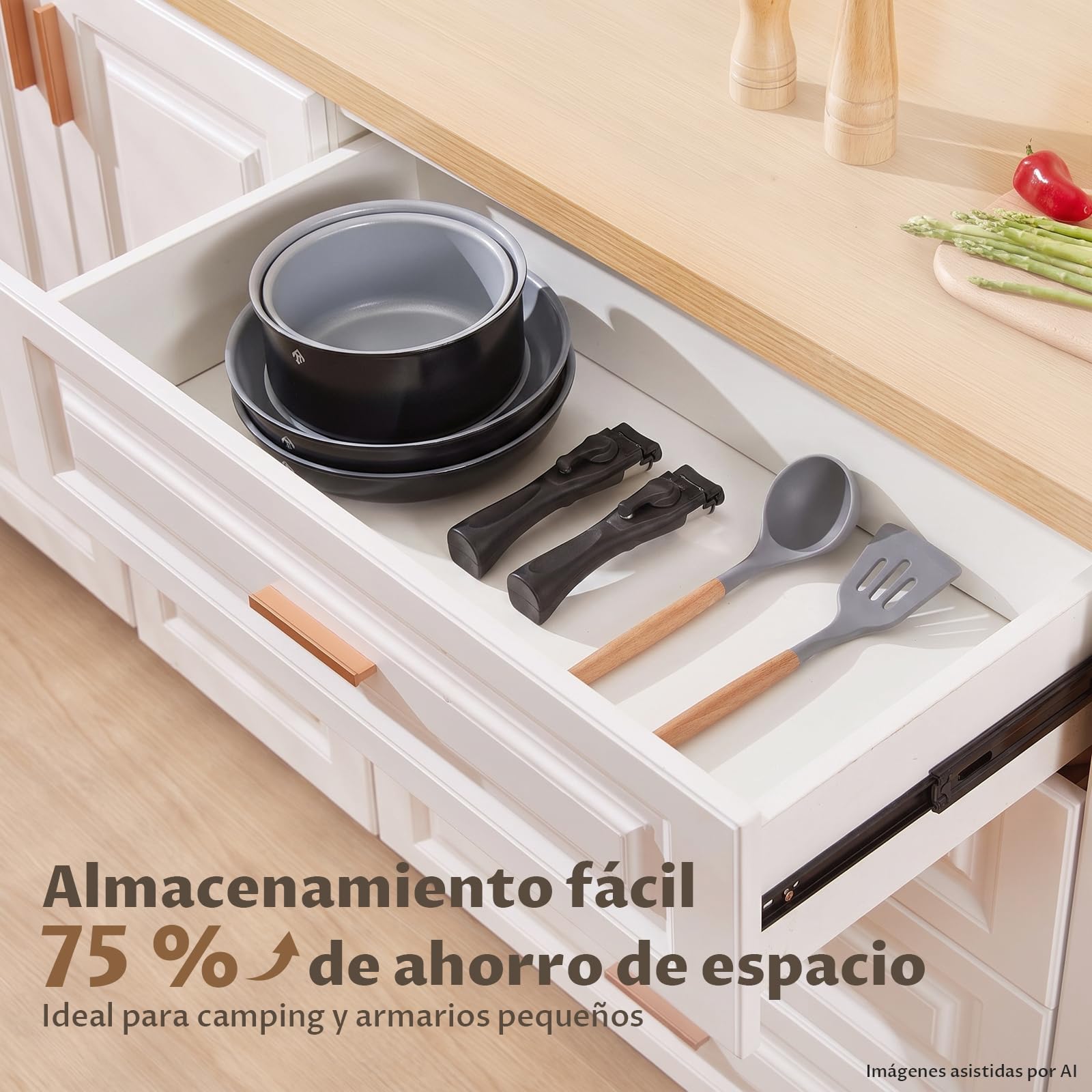 BEZIA Juego de Ollas y Sartenes de Cerámica 17 Pcs con Mango Extraíble | Sartenes antiadherentes sin PFOA/PTFE, aptas para todo tipo de cocinas, ideales para camping y espacios pequeños