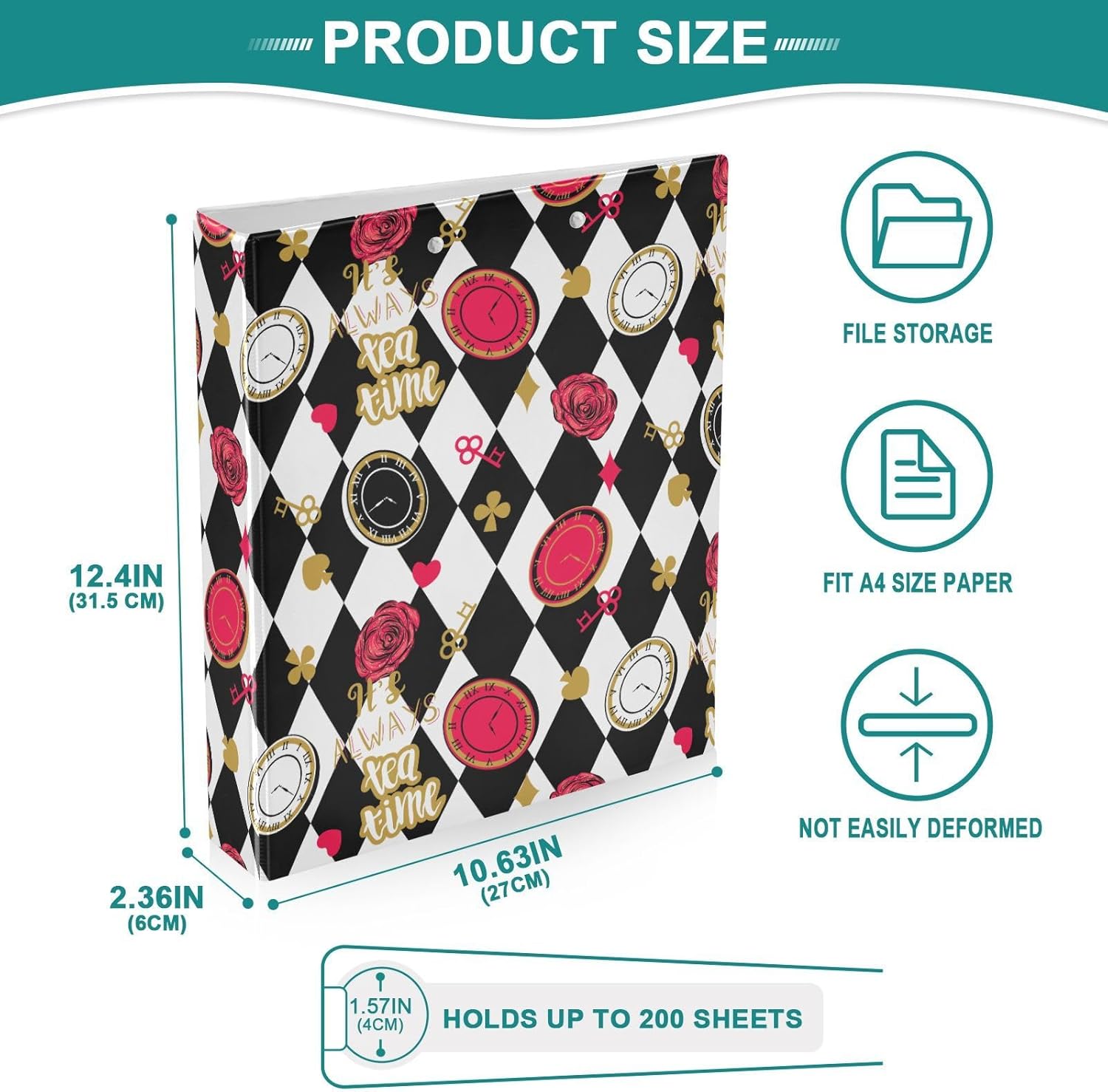 Alice Chess Board 3 Ring Binder 1.5" Decorative D-Ring Binder with Clipboard&3 Clear Pockets, Holds 200 Sheets A4 Size Paper Waterproof Binders for School Home Office
