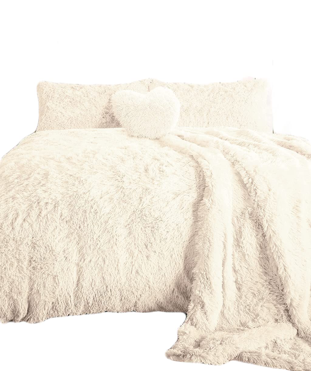 Rohi Luxury Faux Fur Duvet Cover Set – Ultra Soft Cuddly Long Pile Teddy Fleece Bedding Set – Warm, Breathable & Hypoallergenic Faux Fur Bedding Set – (Cream, Single)