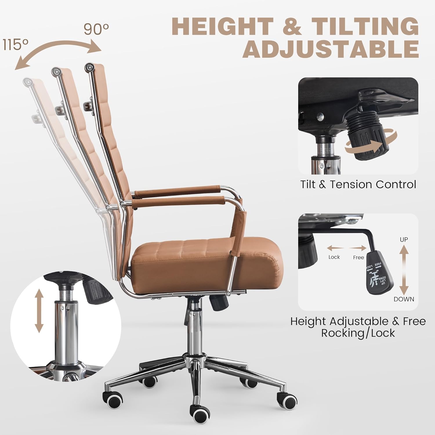 Office Desk Chair,Conference Room Chairs with Wheels and Arms, Modern PU Leather Ergonomic High Back Executive Ribbed Height Adjustable Swivel Chair for Home Office (Brown)