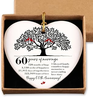 60th Anniversary Ornament for Couple Wedding Gifts 60 Years Idea Gift for Parents Wife Husband Anniversary Decorations Christmas Ceramic Heart Ornament