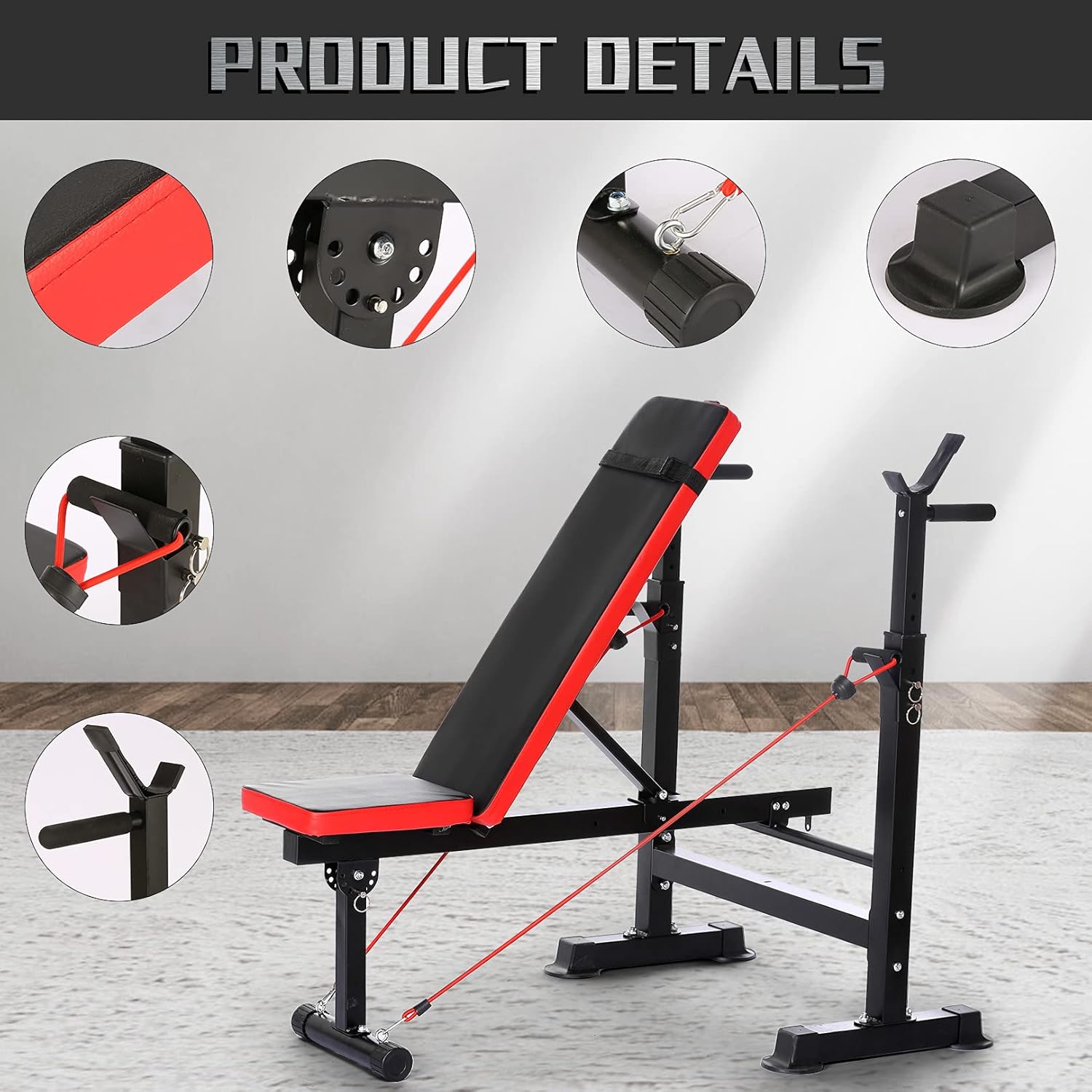 Adjustable Folding Weight Bench,Strength Training Bench for Full Body Workout,Fitness Barbell Rack and Weight Bench for Home Gym (Red)