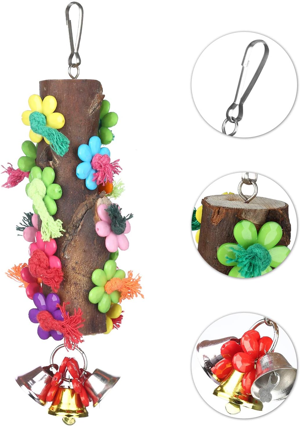 Wooden Bird Chew Toy, Parrot Hanging Toy, Bird Cage Toy with Acrylic Flowers, Cotton Knots and Bell for Parrots, Small Parakeets,…