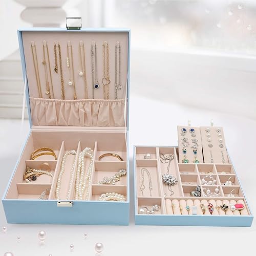 Miniatura 6 de ProCase - Joyero grande de cuero con dos niveles para organizar aretes pulseras anillos relojes para mujeres niñas regalo ideal para novia o esposa