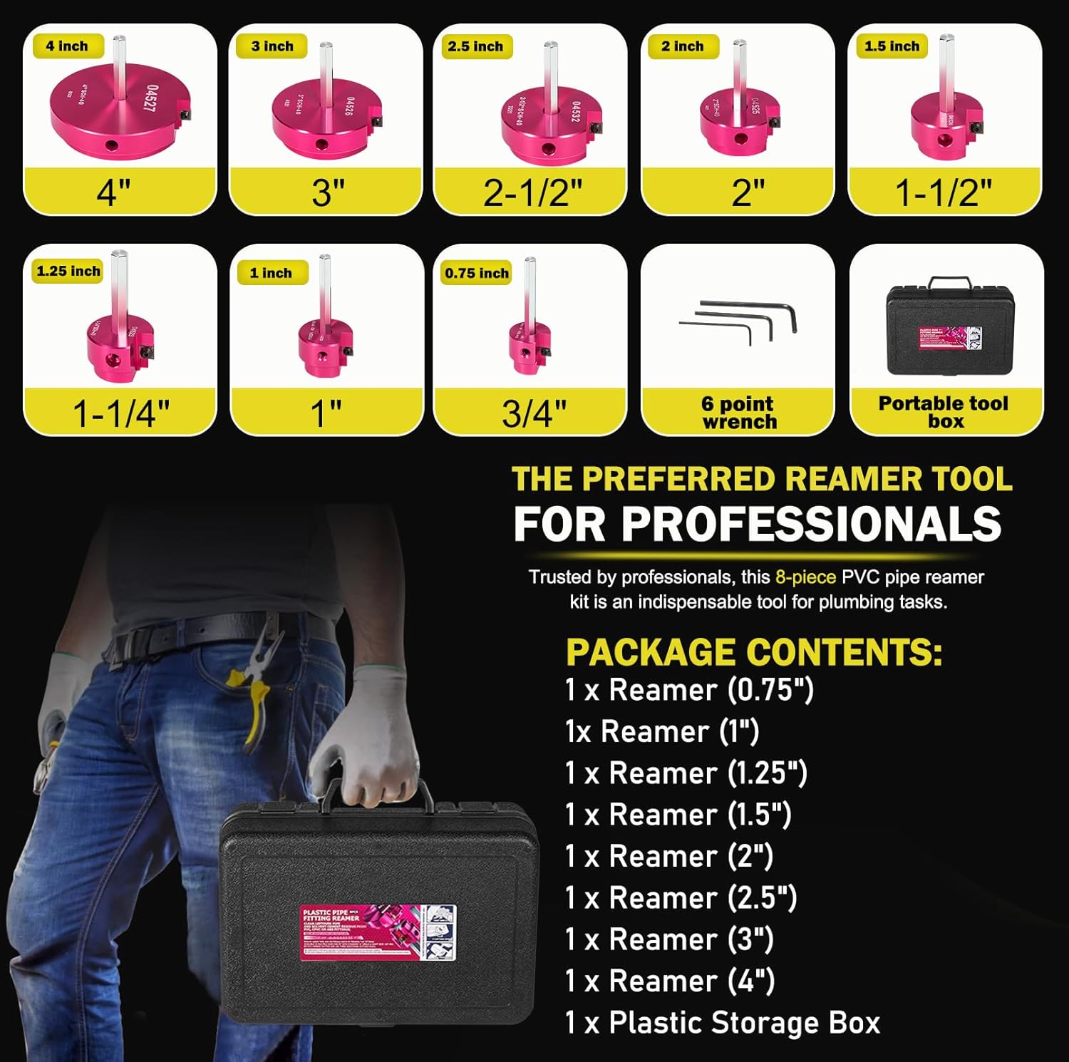 Premium 8Pcs PVC Pipe Reamer Kit - Complete Reamer Set, Fits Standard 1/2" Drills, Includes P3/4", 1", 1-1/4", 1-1/2", 2", 2-1/2", 3", 4" For Standard 1/2" Drills, Ideal for PVC, CPVC, ABS Pipes