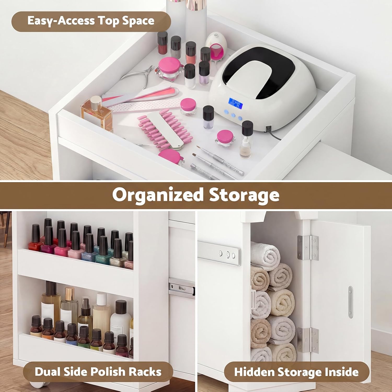 Images showing the organized storage of the HolaiNail Pedicure Trolley Cart, including dual-side polish racks and a hidden cabinet.