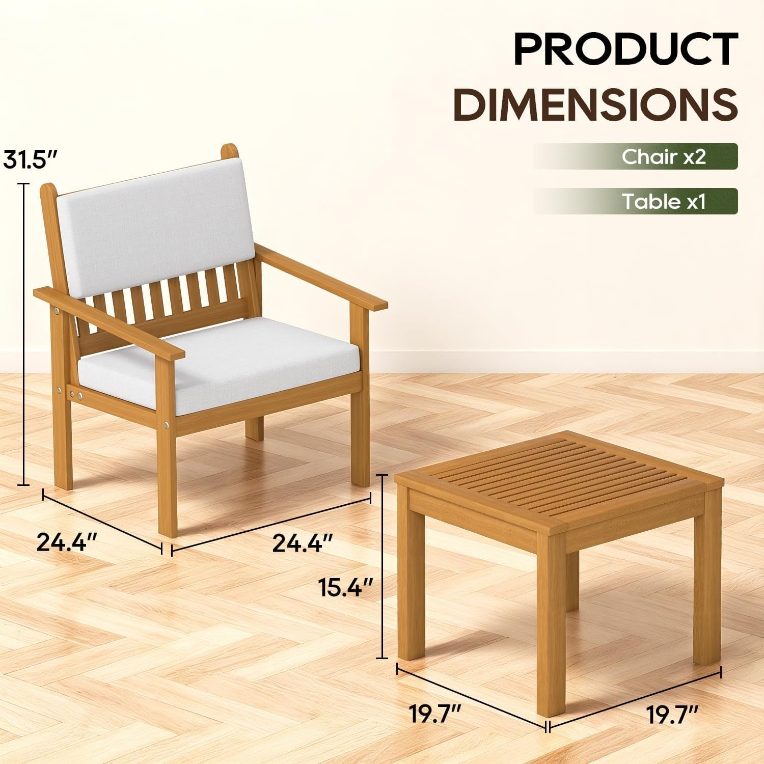 3-Piece Patio Furniture Set Wood Patio Bistro Outdoor Chat Conversation Table Chair Sets with Water Cushions and Coffee Table Chairs for Beach Backyard Garden