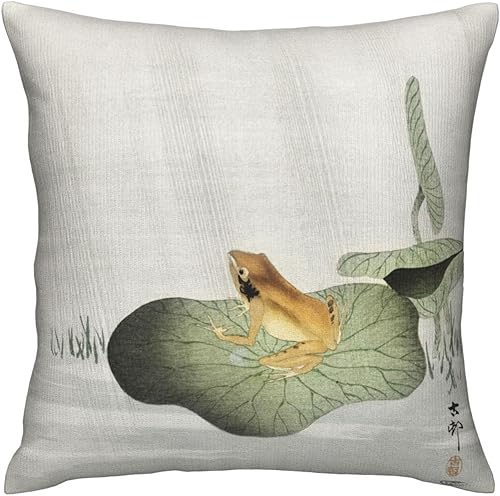 VARUN Fundas de almohada cuadradas de rana en acuarela sobre hojas de loto para decoración del hogar, sofá, automóvil, dormitorio, naturaleza, lago,