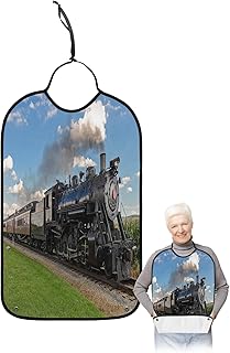 QueenKer Funny Adult Bibs for Eating, Train Go Through The Field Waterproof Clothing Protector Washable Adult Bib with Crumb Catcher for Men Women Elderl and Seniors