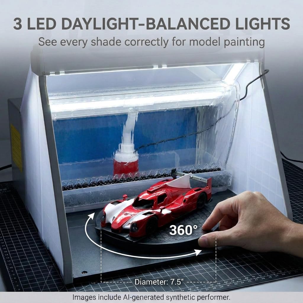 OPHIR Water Curtain Airbrush Spray Booth with 3 Filteration, Foldable Portable Paint Booth for Indoor Hobby Painting & Apartment, Quiet Airbrush Booth with 3 LED Lights, Exhaust Fan, 360° Turntable
