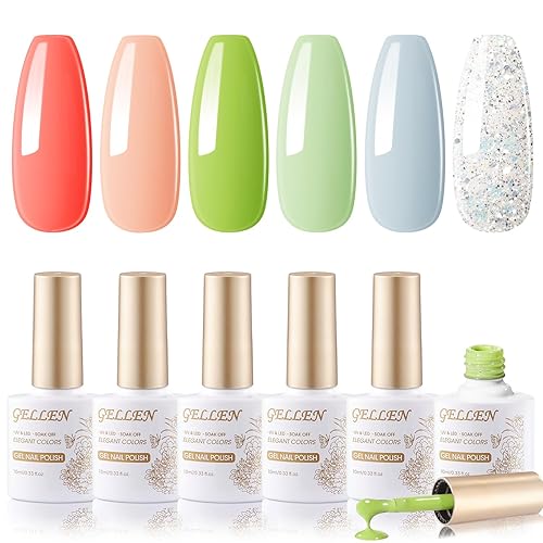 GELLEN Juego de esmaltes de uñas de gel verde y verde, 6 geles de primavera de colores, kit de esmalte de gel con purpurina azul claro y rosa hierba