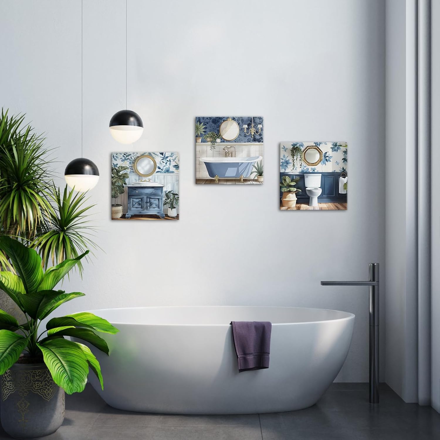 PoGoXiPoYo 3 Pieces Bathroom Wall Art Canvas Prints Bath Tub Toilet Sink Painting Picture Blue Bathroom Wall Decor Framed Rustic Modern Artwork for Home Decor Ready to Hang 12"x12"x3