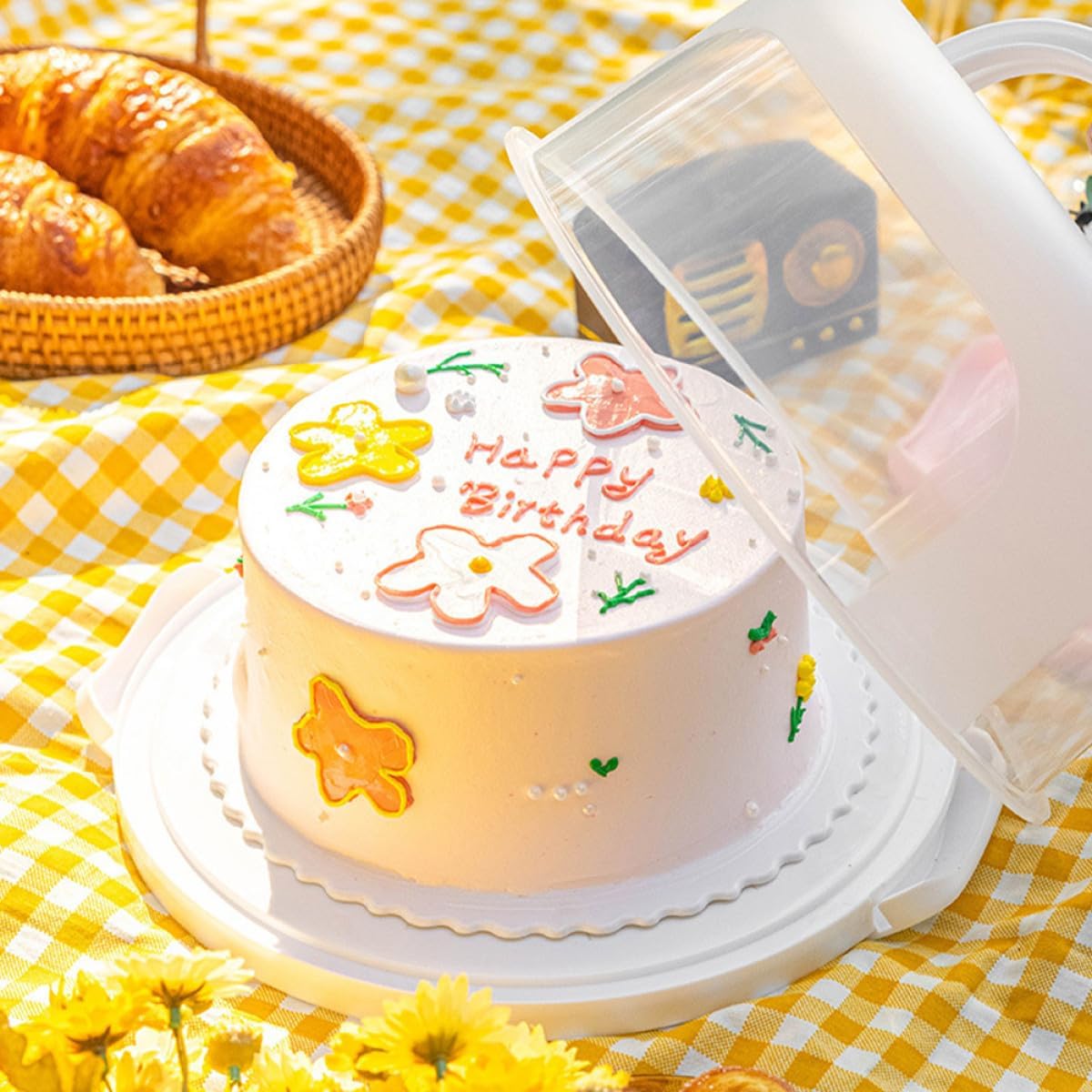Reusable 10-inch White Cake Box with Handle, Lid Fresh Keeping Cake Carrier for Birthday and Dessert Storage, Baking Packing Holder for Household Use
