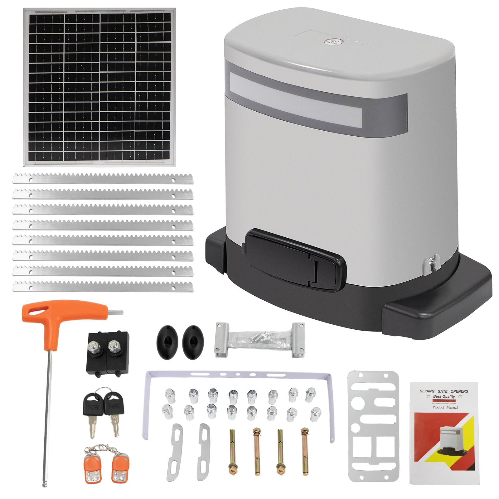 Motor Abrepuertas Automático para Puerta Corredera 800 kg Par 16 Nm Kit Completo con 2 Mandos a Distancia para Garaje Residencial 24V, Energía Solar