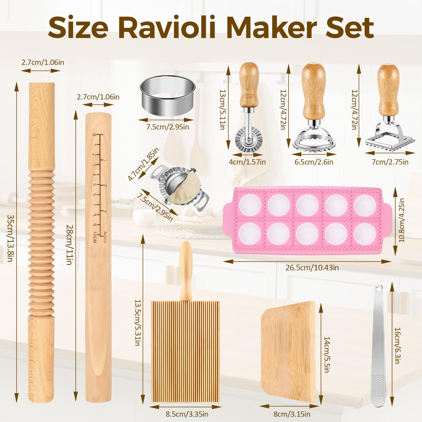 Kit de 11 outils de fabrication de pâtes - Rouleau à pâtisserie - Planche à gnocchi - Grattoir à pâte - Raviolis - Outils de fabrication de pâtes