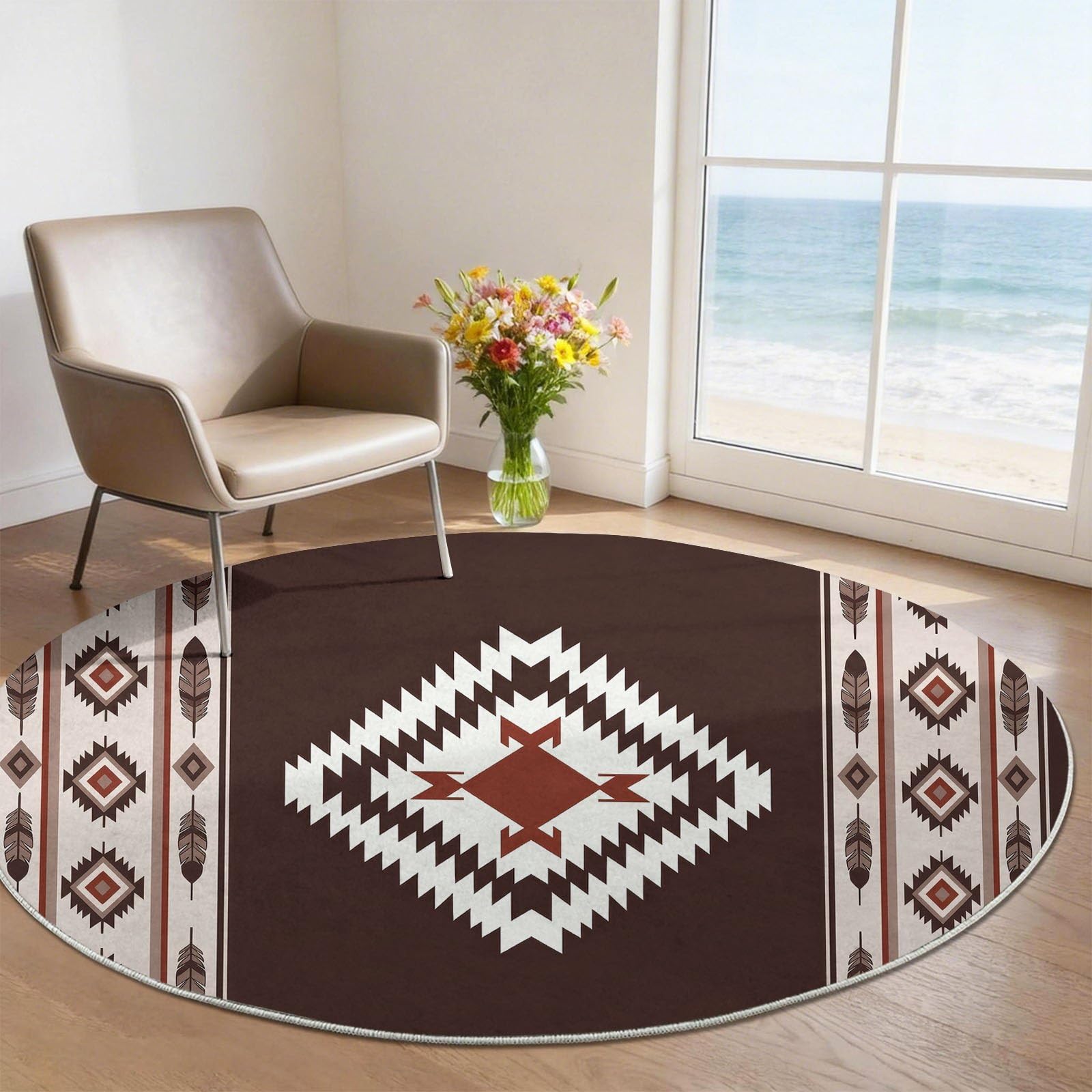 Tappeto rotondo in stile bohémien, lavabile, per soggiorno, 120 cm, a pelo corto, per tavolino da caffè, motivo geometrico, motivo geometrico, antiscivolo, per camera da letto e cameretta dei bambini