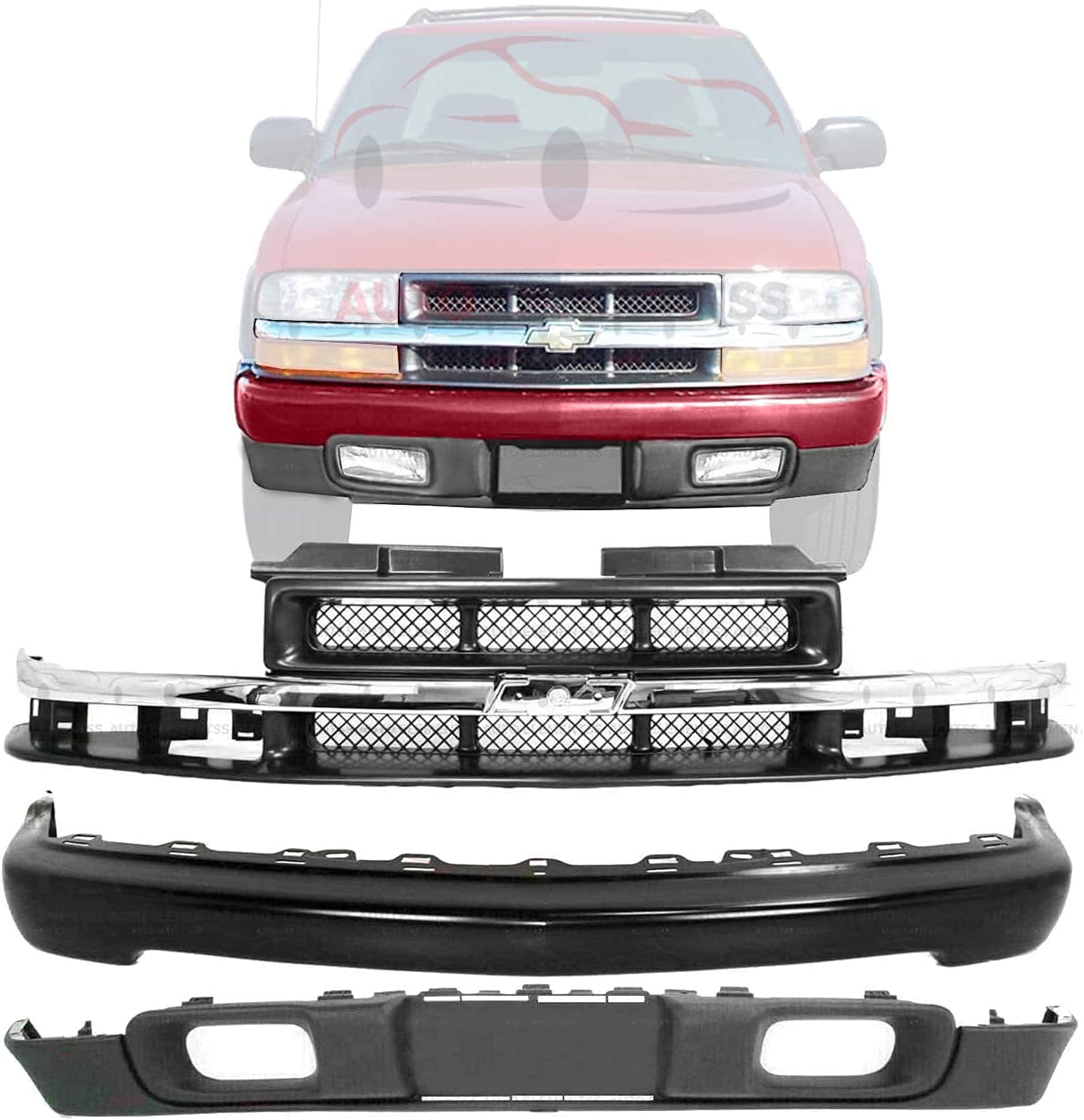 Front Bumper Primed Black Paintable Steel + Lower Valance Air Deflector + Grille Assembly For 1998-2004 Chevrolet S10 Pickup 4WD Direct Replacement