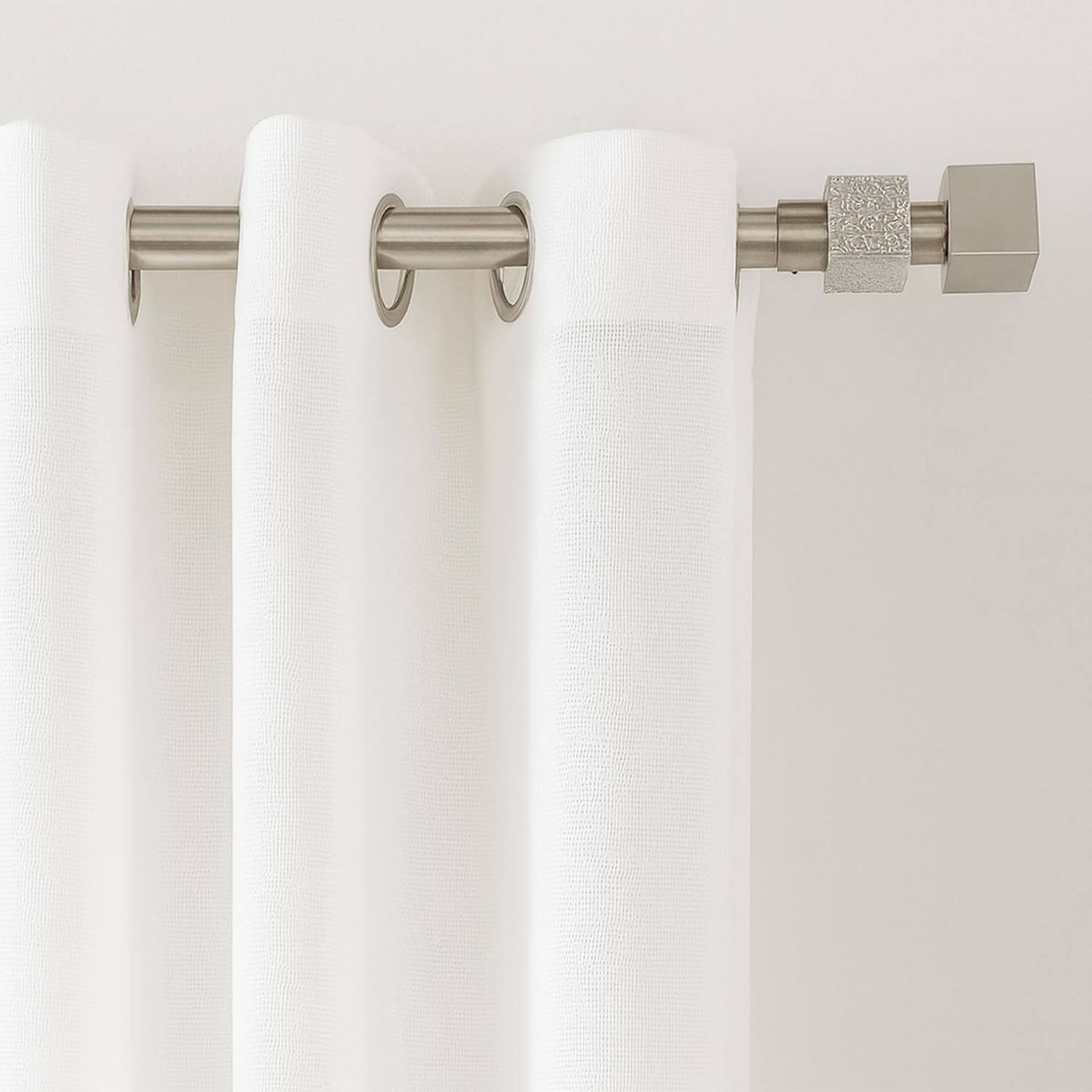 Adjustable Single Curtain Rod 50"-82" with Textured Square Finials and Brackets, Silver