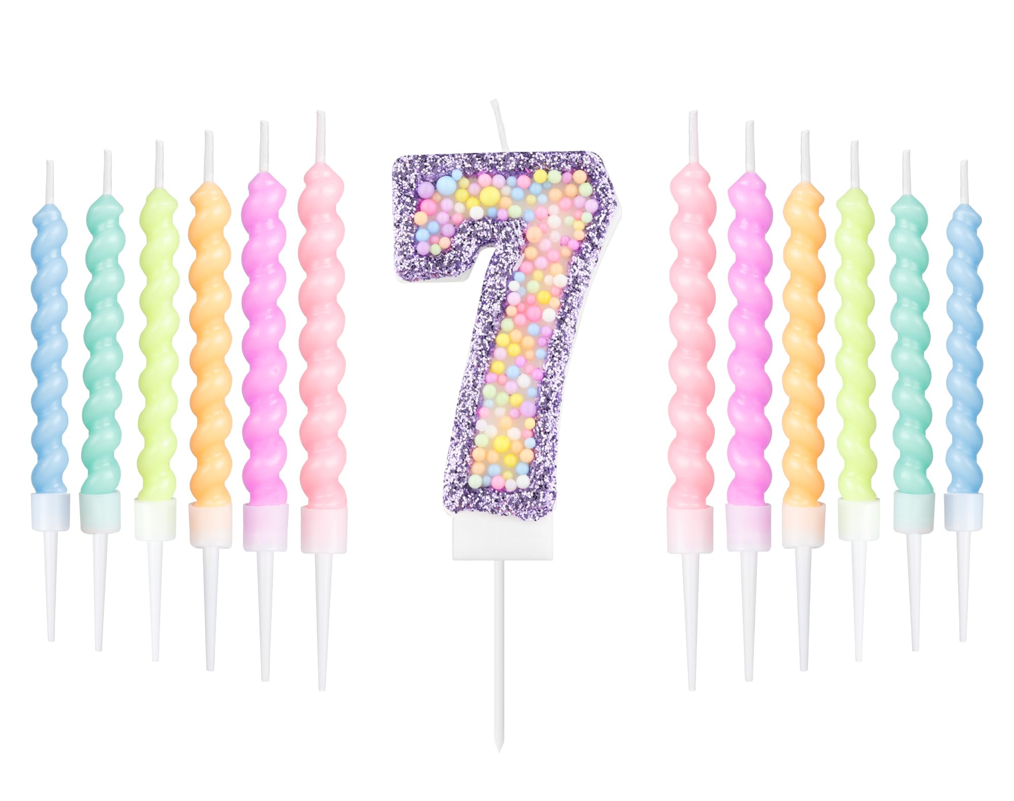 Purple Macaron 7th Birthday Candle with 12pcs Pastel Spiral Candles Set, Girls 7th Birthday Decorations Iridescent,Macaron Number 7 Candles for Cake,Kpop Themed Party Decoration,Baby Showers Supplies