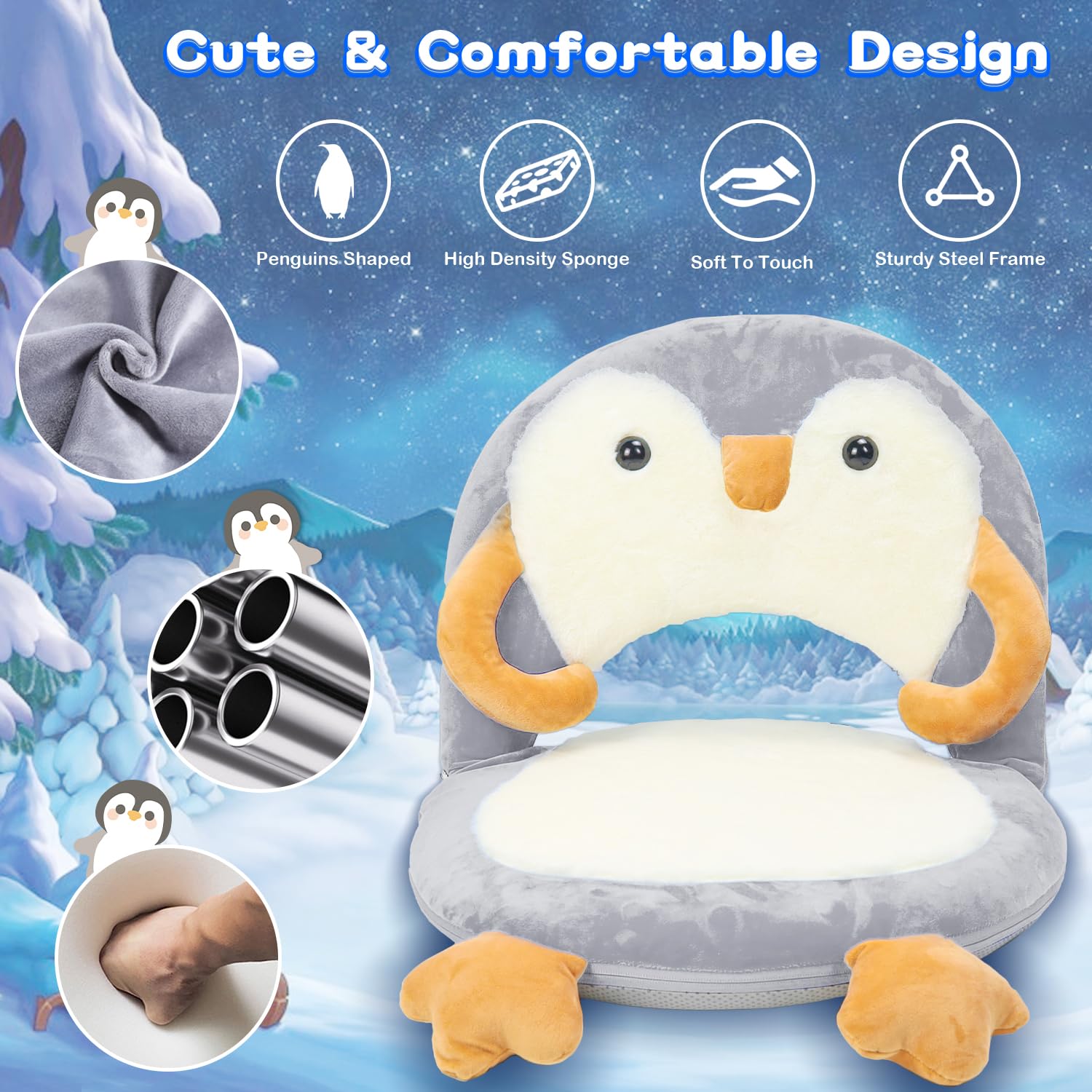 Floor Chair for Kids, Penguin Floor Seating with Back Support 5 Adjustable Position Ideal for Reading Gaming Meditating Yoga, Kids Chair for Daycare Preschool Classroom (Grey)