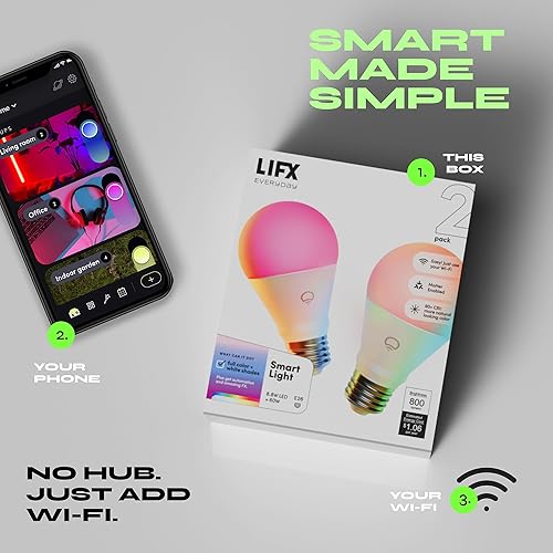 Miniatura 8 de LIFX Everyday - Bombilla LED inteligente A19, 800 lúmenes, 90+ CRI, cambio de color, regulable, Wi-Fi, compatible con materia, funciona con Alexa,