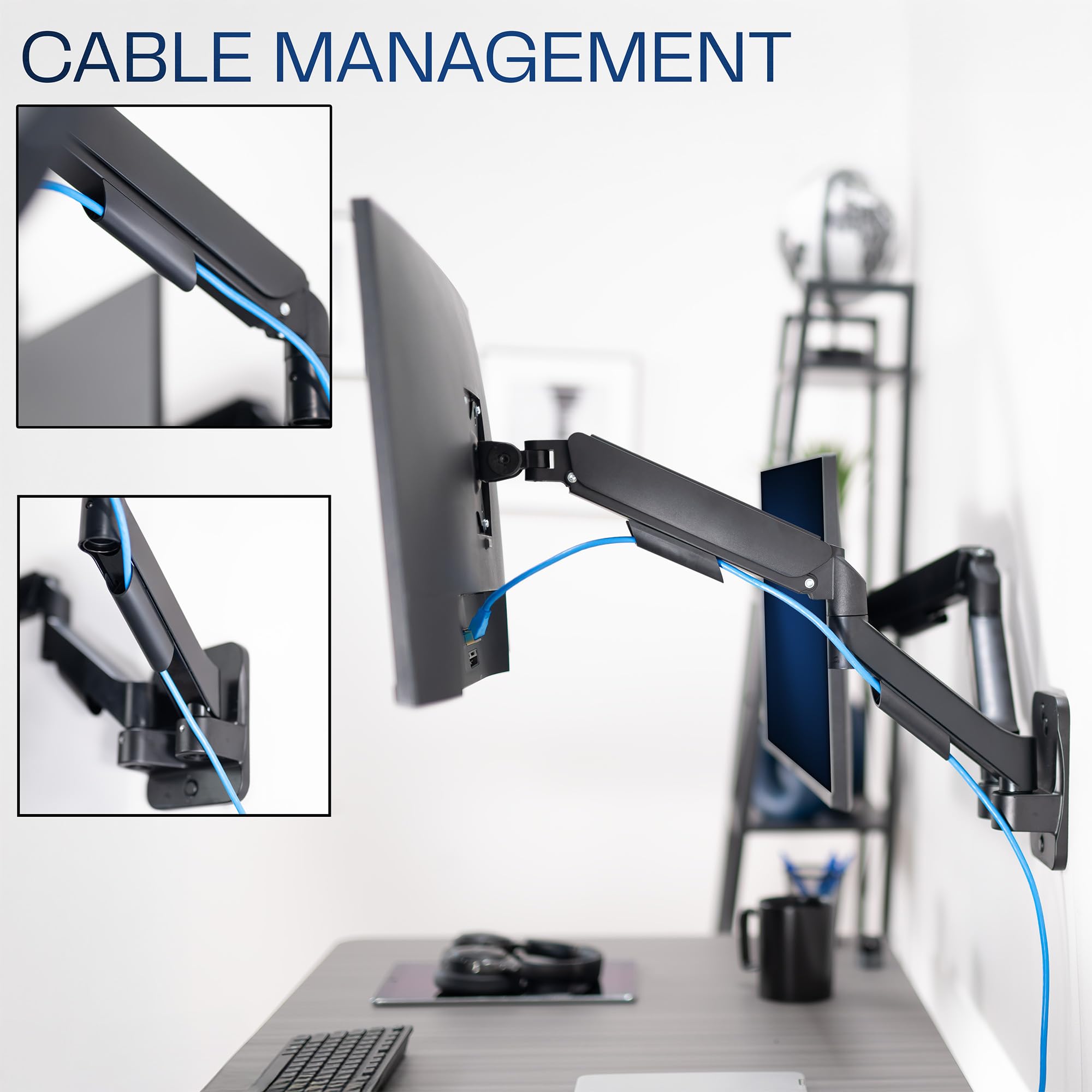 VIVO Supporto da parete per doppio monitor regolabile in altezza con braccio esteso, movimento completo, articolato, adatto a 2 schermi da 17 a 27", nero, MOUNT-V002G