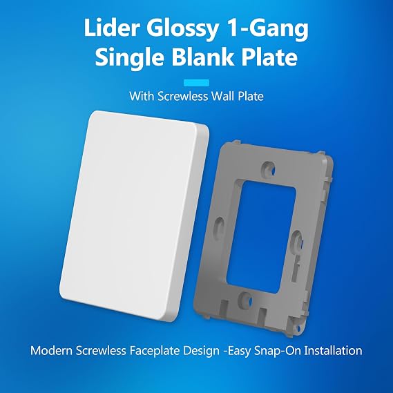 LIDER Screwless 1-Gang Blank Faceplate, Blank Plate, Round Edges, White | Flat Cover, UKCA Certified, Flame-Resistant Polycarbonate, Polycarbonate Thermoplastic, Sleek 1-Gang Screwless Blank Plate