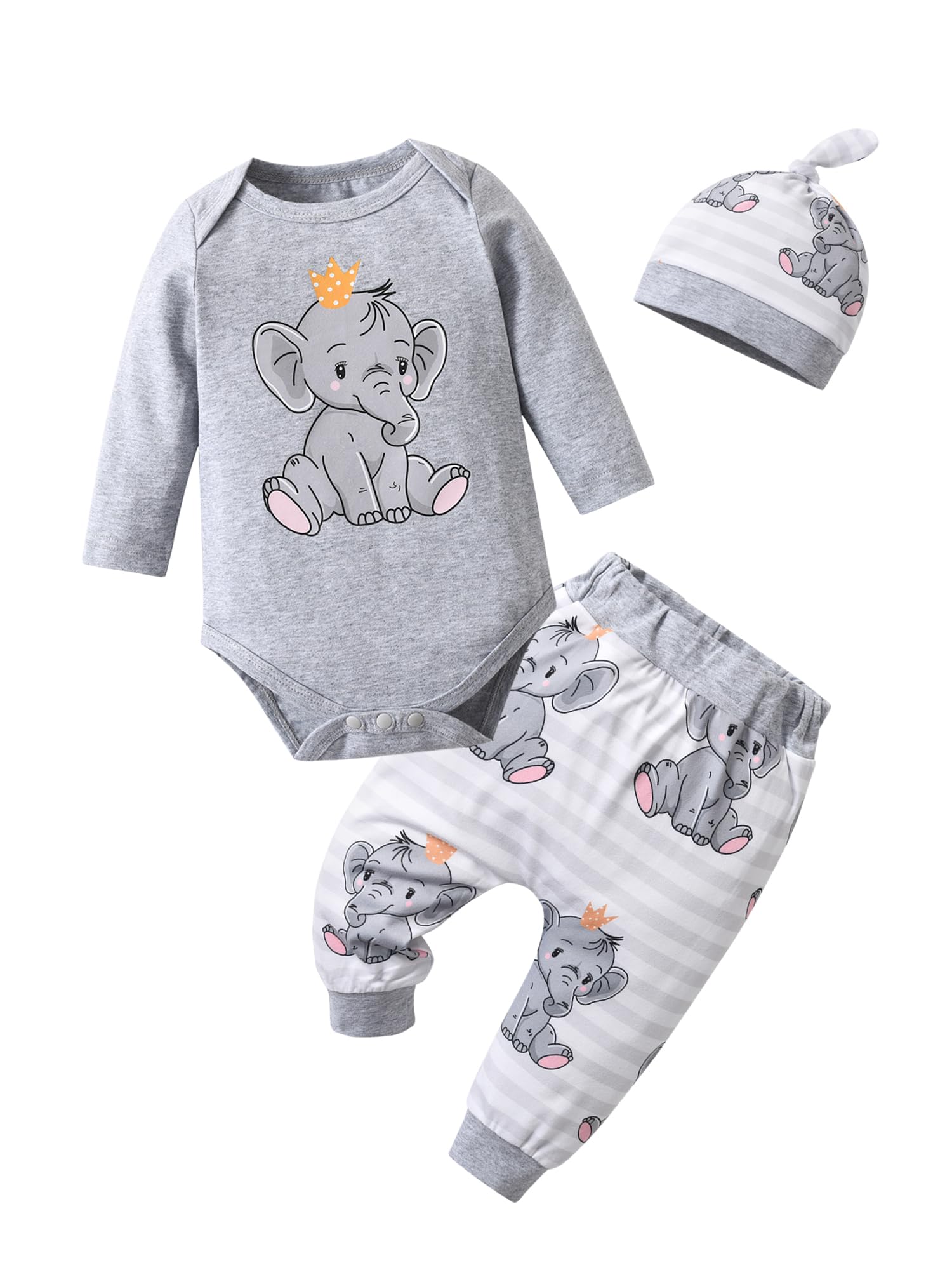 PlanooarBaby Clothes Set Baby Boys Long Sleeve Elephant Print Top+ Pants+Hat