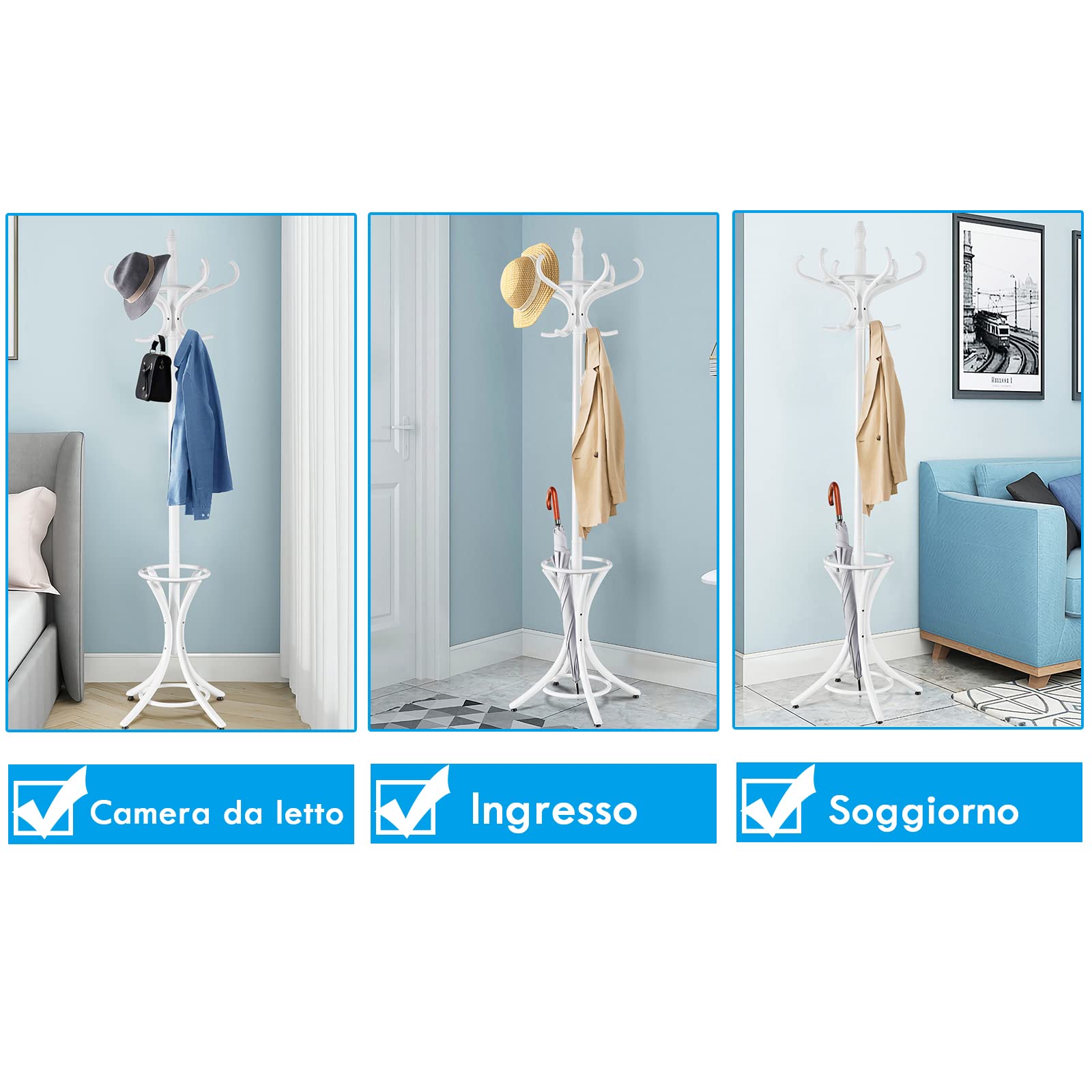 COSTWAY Attaccapanni da Terra Appendiabiti a piedi con 12 ganci in legno ecologico, 51 x 51 x 184 cm (Bianco)