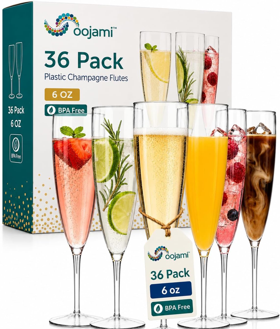 Oojami 36 Pack 6 oz Clear Plastic Champagne Flutes, BPA-Free
