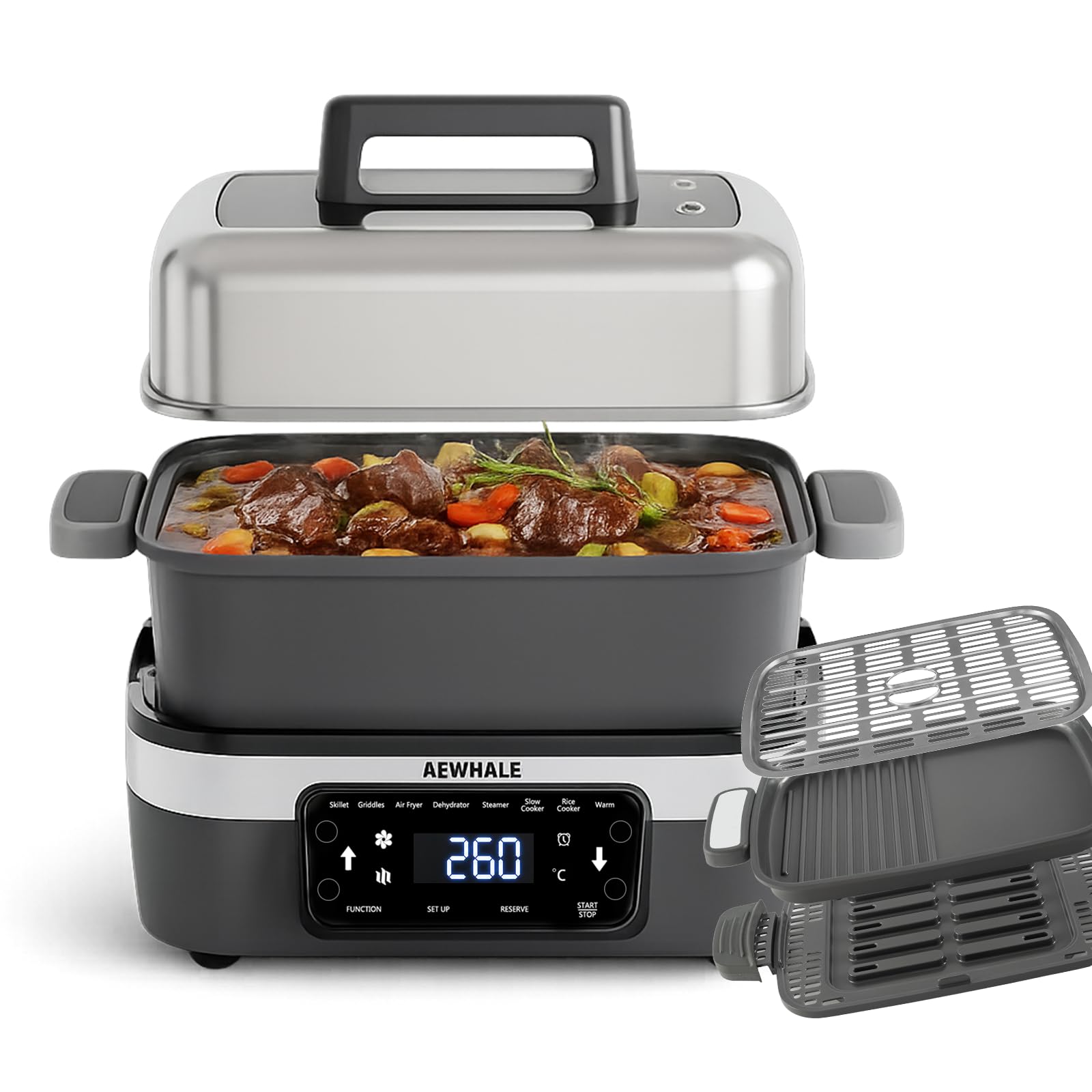 AEWHALE Olla Multifunción 8 en 1 de 4.25 L, Con Función de Cocción Lenta, Vaporera, Arrocera, Sartén y Función para Mantener el Calor. Capacidad Familiar, Color Gris