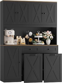 HOSTACK 71" Kitchen Pantry with 12.5 Gallon Double Trash Can Cabinet, Black